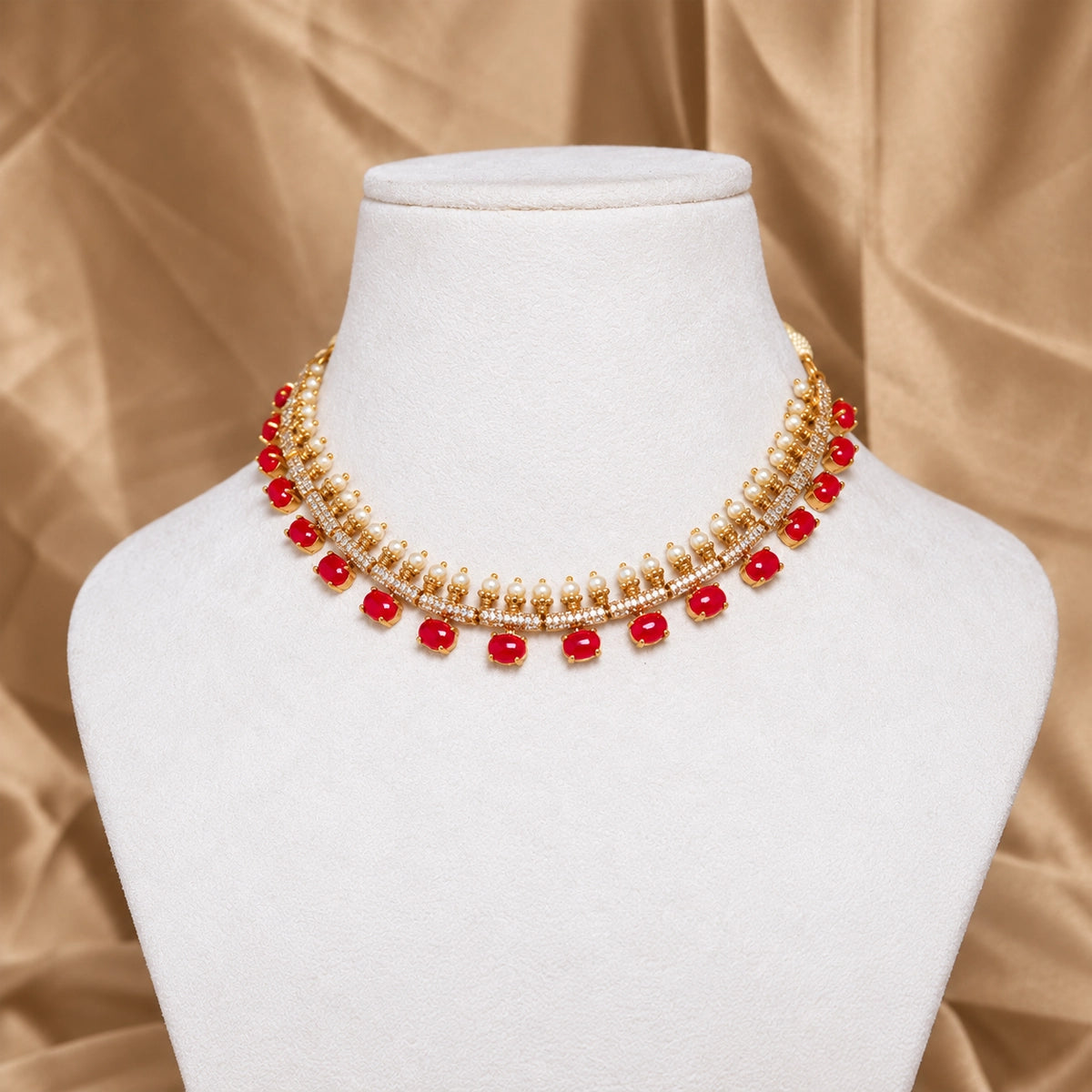 Coral AD Pearl Necklace Set