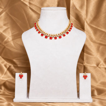 Coral AD Pearl Necklace Set