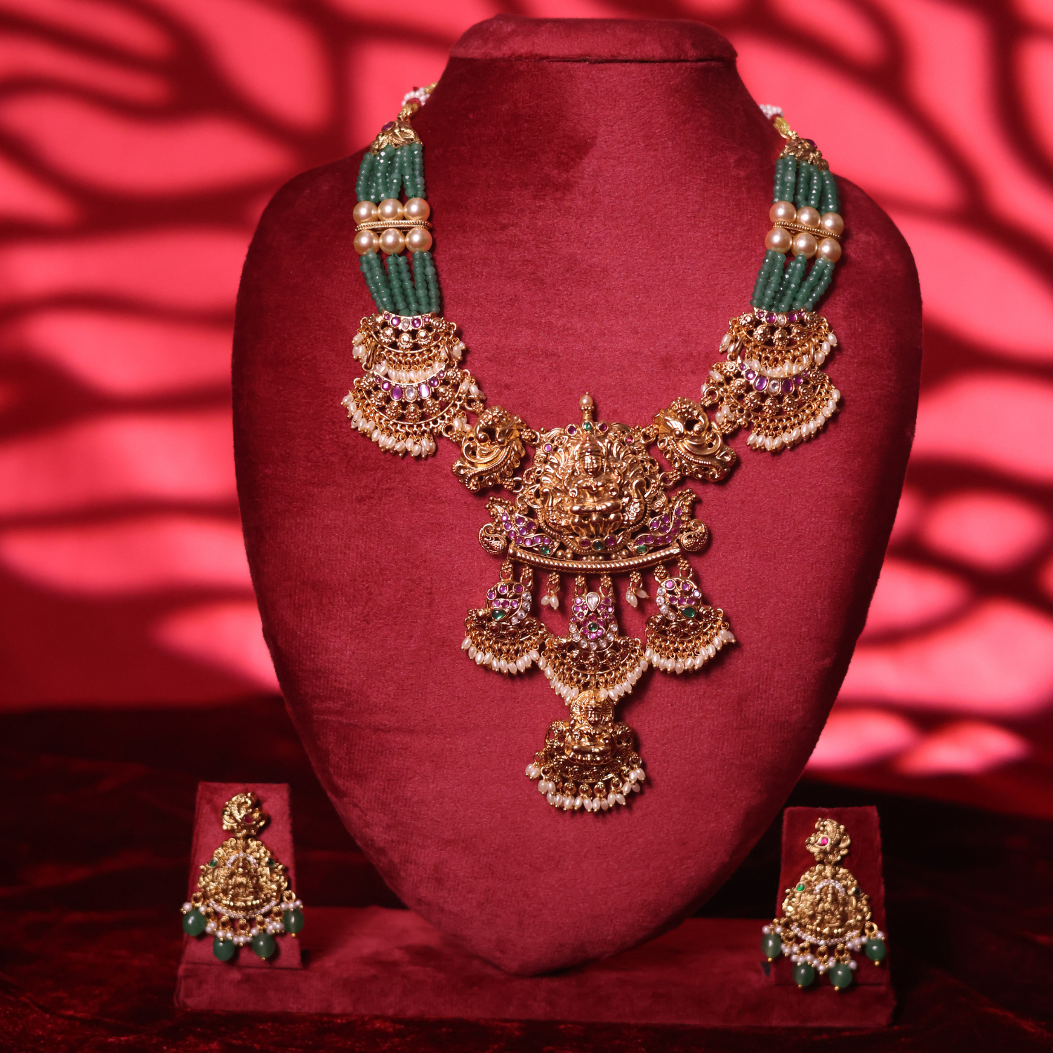 Kemp Ruby and Green Bead Temple Jewelry Set