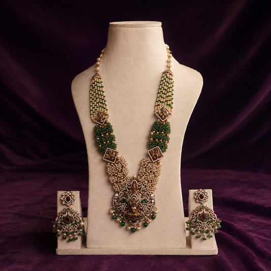 Majestic Green Beads Lakshmi Long Necklace